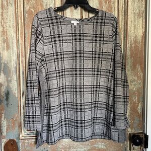 J Jill Long Sleeve Blouse Gray Black Sparkly Plaid Size XL